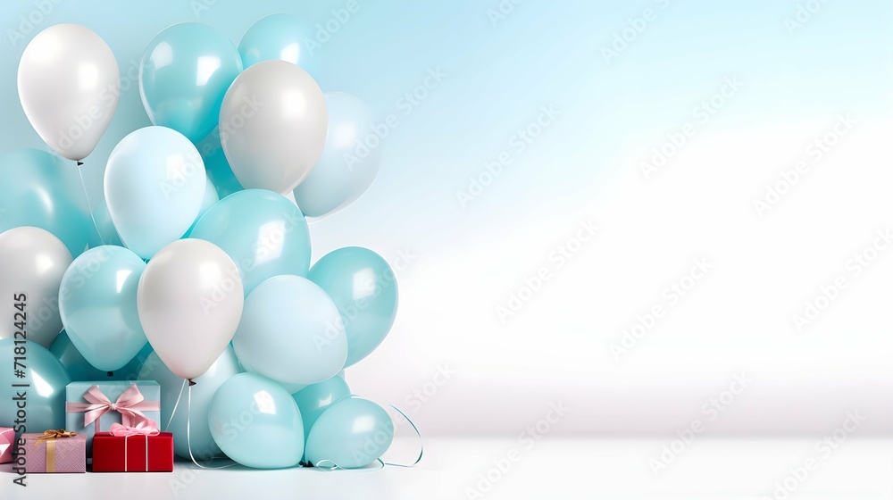 Blue and white balloons with gift boxes and ribbons - Format 16:9