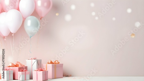 Obraz na płótnie Pink and white balloons and gift boxes on a pink background - Format 16:9 w salonie