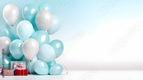 Obraz na płótnie Blue and white balloons with gift boxes and ribbons - Format 16:9 w salonie
