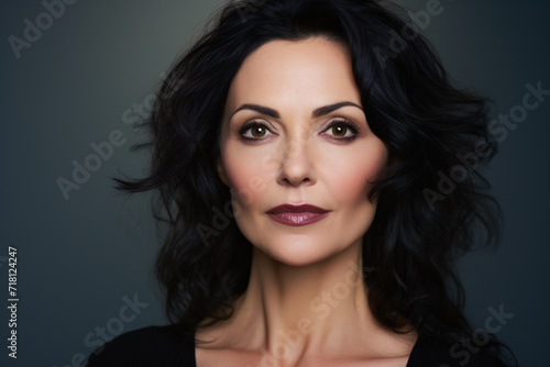 Beautiful middle aged woman with black hair in front of studio background