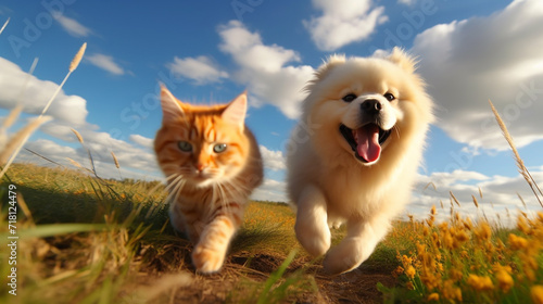Dogs and cat run in the grass with blue sky