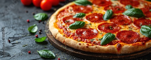 Delicious pepperoni pizza on a dark background, sausage pizza, italian pepperoni pizza in pizzeria