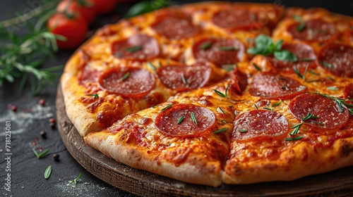 Delicious pepperoni pizza on a dark background, sausage pizza, italian pepperoni pizza in pizzeria