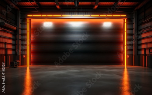 A room with black walls decorated with orange lines shining brightly next to them. generative AI © original logo