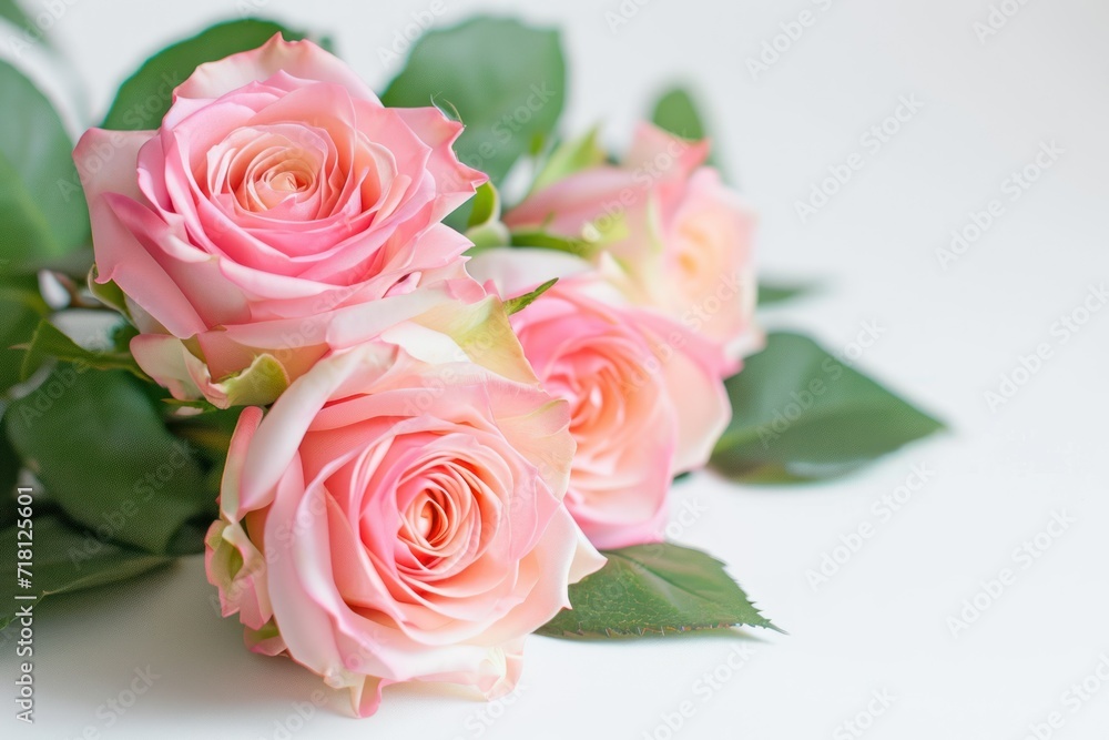 pink roses with leaves on the white background