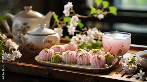 Japanese dessert mochi with matcha green tea powder and cherry, japanese tea ceremony photo