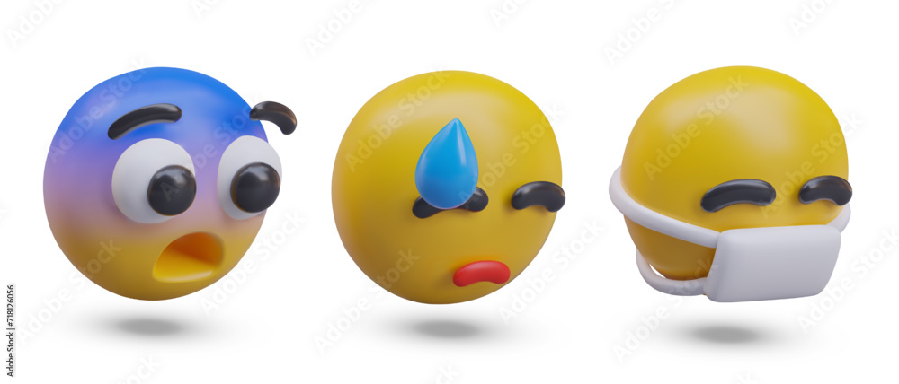 Obraz premium Emoticon with scary, upset, and sick reaction. Emoji with face in yellow and blue colors, feeling bad and crying, and face with mask. Vector illustration in 3d style
