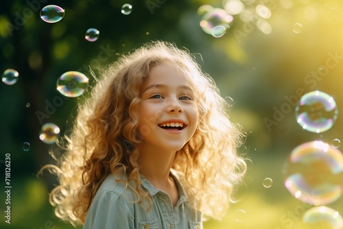 Happy little girl with curly hair looking at soap bubbles in the park