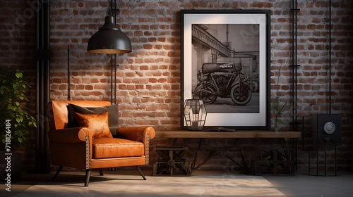 3D render of a poster frame in a steampunk-themed living room with industrial accents