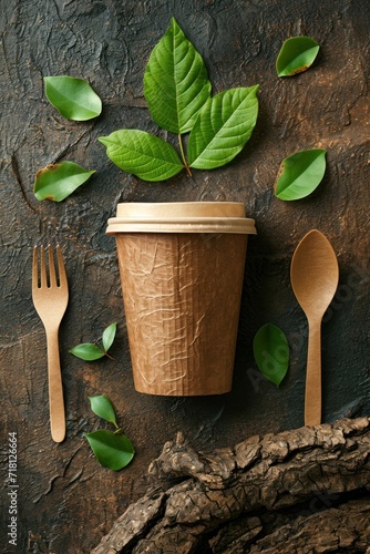 Disposable coffee cup with cutlery and green leaves on dark background