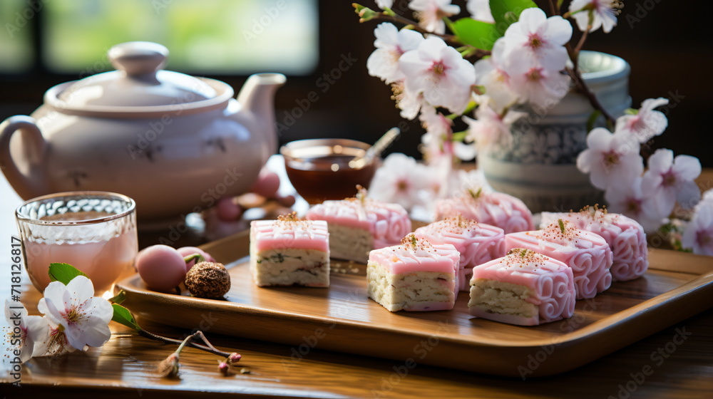 Naklejka premium Japanese dessert mochi with matcha green tea powder and cherry, japanese tea ceremony