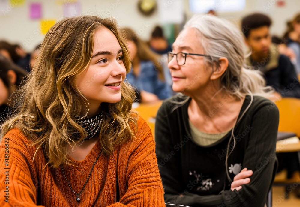 Young female student smiles while sitting in front of an older female in a vibrant classroom setting. Young female student smiles while sitting in front of an older female in a vibrant classroom setting.
