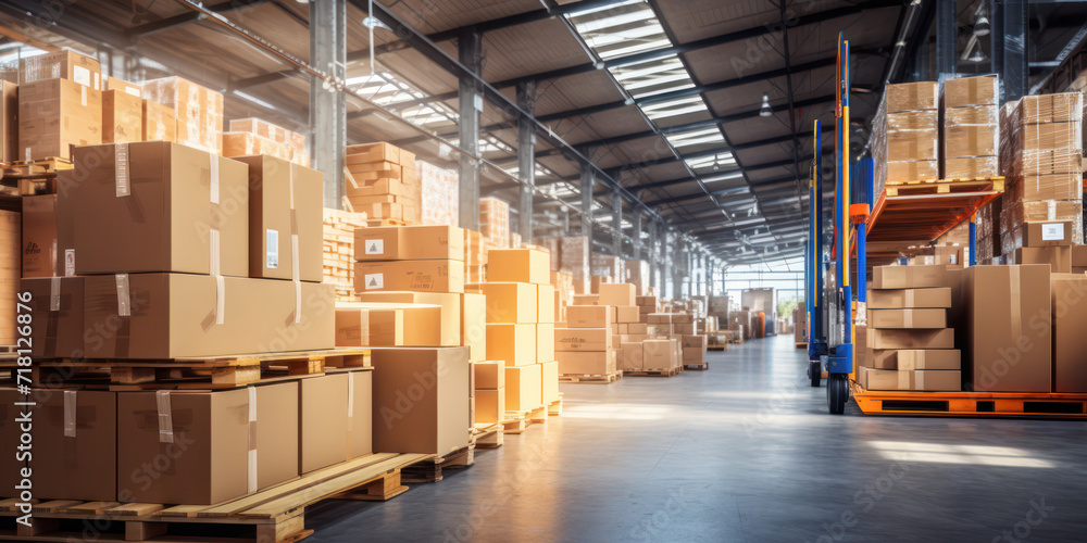 Industrial Storage: Contemporary Logistic Facility with Metal Racks, Stacked Cardboard Boxes, and Empty Interior Industrial Storage: Contemporary Logistic Facility with Metal Racks, Stacked Cardboard Boxes, and Empty Interior
