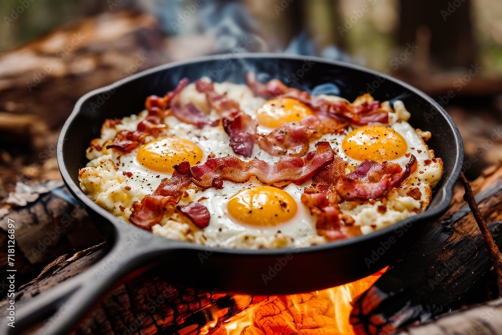 Delicious fried eggs with crispy bacon sizzling in a cast iron skillet over a campfire. Delicious fried eggs with crispy bacon sizzling in a cast iron skillet over a campfire.