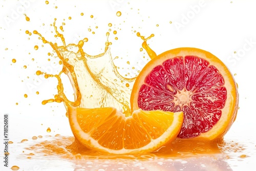 shiny orange flying and orange juice splash on a white background photo