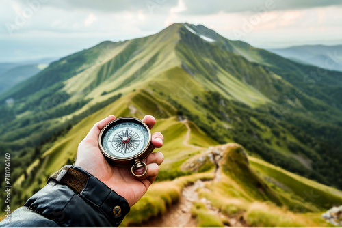 Hand holding a compass with a beautiful mountain landscape in the background, reflecting a sense of adventure and navigation. photo