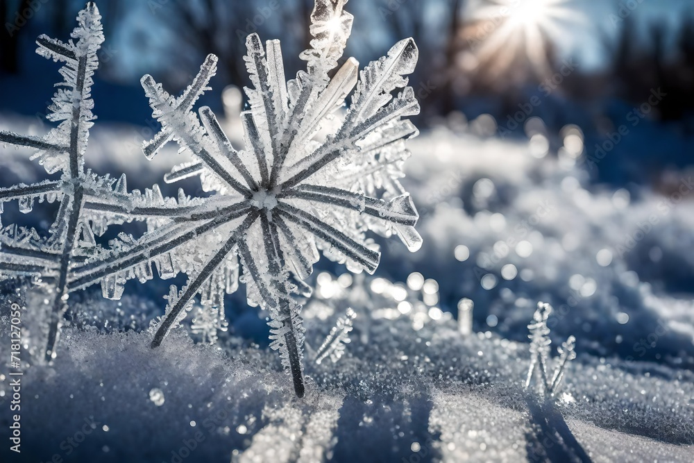 Textured ice crystals glistening in the winter sun