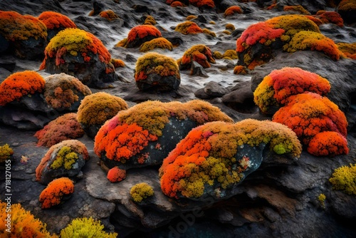 Textured volcanic rocks covered in colorful lichen