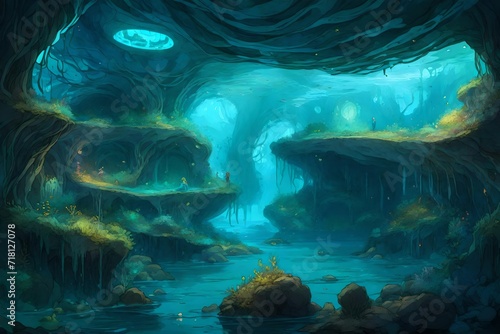 Wavy underwater caverns with bioluminescent creatures