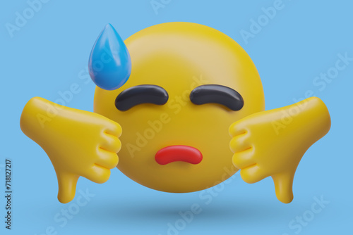 Upset emoticon, hands showing thumbs down. Character is crying. Sadness, grief, trouble. Disappointing, bad choice. Failure, insult. Human reaction vector symbol