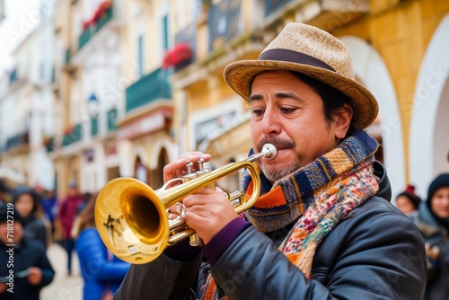 A skilled musician plays the trumpet with passion on a lively city street surrounded by an attentive audience.