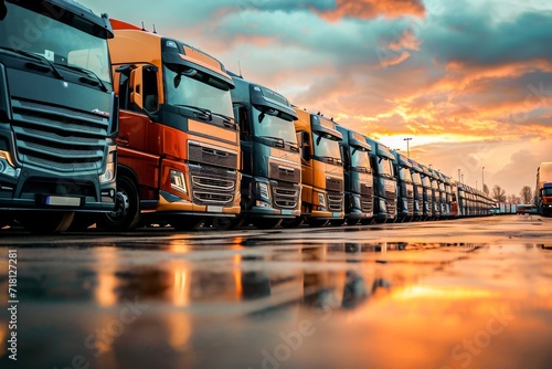 A lineup of commercial trucks on a road at sunset with vibrant sky reflections on a wet surface. photo