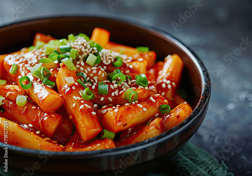 Closeup spicy rice cakes, tteokbokki bowl with green onions, isolated on a marble table