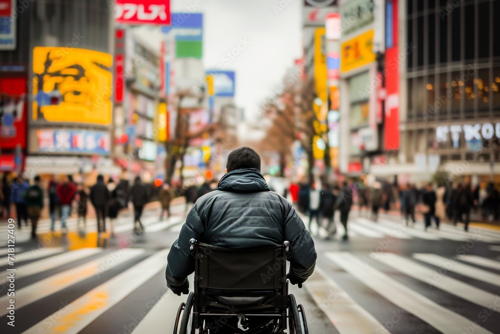 Man in a wheelchair crossing a busy city street, symbolizing independence and urban accessibility.