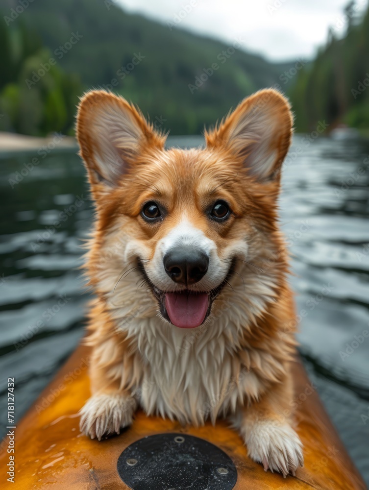 A beloved welsh corgi enjoys a peaceful boat ride on the sparkling blue waters, basking in the warmth of the sun and the love of its human companions