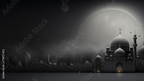 Dark mosque silhouette on colorful red and violet sunset sky and clouds background, vector banner illustration, Paper cut vector illustration, Generative Ai