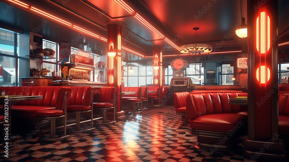 3D render of a retro poster frame in a vintage diner-style restaurant with checkered floors and neon signs