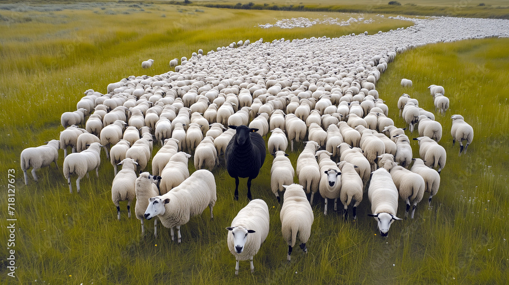 Fototapeta premium A black sheep surrounded by a flock of white sheep. 