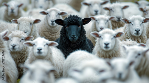 A black sheep surrounded by a flock of white sheep. 