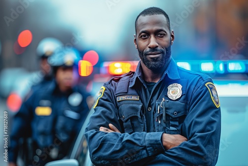 A stern man in a crisp police uniform stands with his fellow officers  projecting authority and security as they protect the community