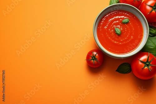 Bowl of tomato soup on orange background with fresh tomatoes, top view, copy space photo