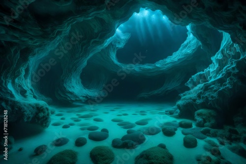 Wavy underwater caverns with bioluminescent creatures