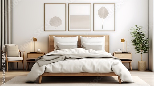 a 3D-rendered mockup poster frame in a cozy Scandinavian-style bedroom, highlighting simplicity and minimalism