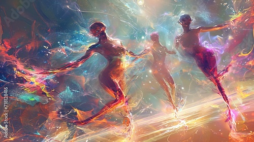 Ethereal Quantum Dance - A Vivid Illustration of Dancers Engulfed in Cosmic Energy, Each Step Unveiling a New Parallel Reality