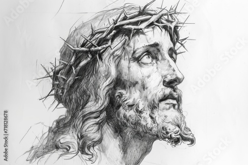 Jesus Christ with crown of thorns on white background. Pencil drawing.
