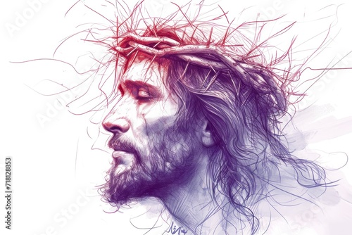 Digital painting of Jesus Christ with crown of thorns on white background