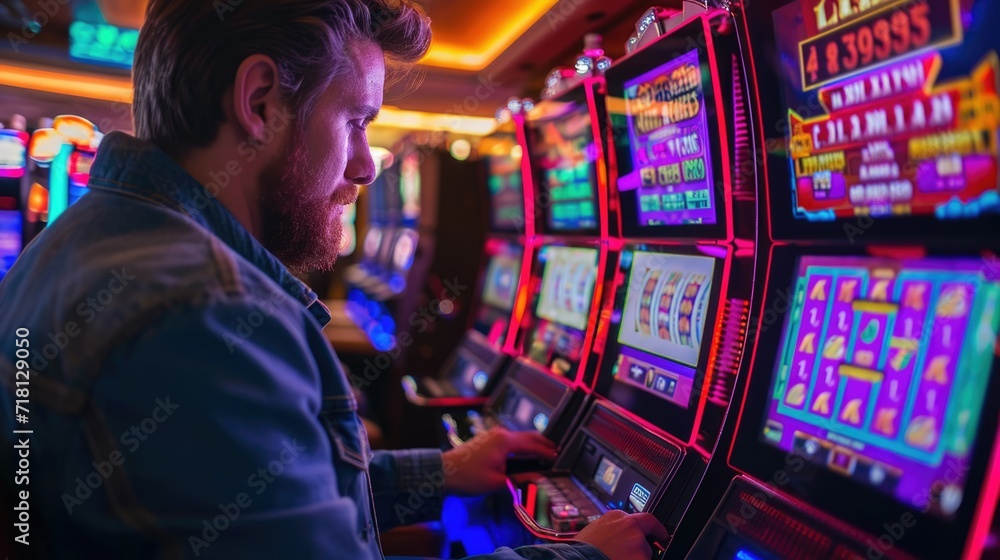 Sad man loss money prize in retro slot machine. Bad luck bet player fail game. Unhappy upset guy play casino. Gambling addiction. Beautiful neon light. Joyful night life. Big slots defeat.