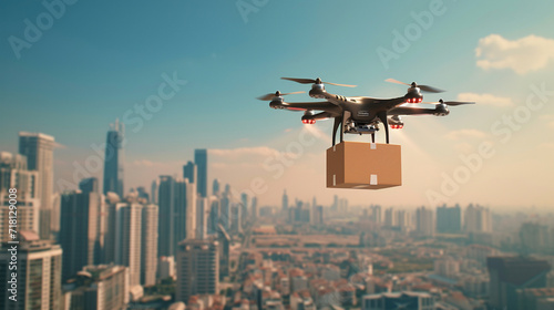 A drone delivering a package over a cityscape, symbolizing modern delivery methods, logistics, dynamic and dramatic compositions, with copy space