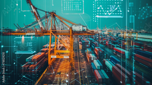 A bustling port with cranes loading containers, enhanced with digital data overlays, logistics, dynamic and dramatic compositions, with copy space photo