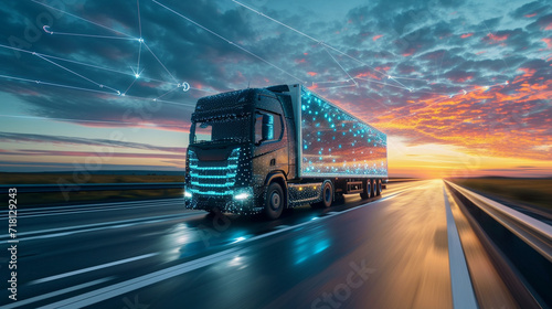 A concept of a self-driving delivery truck on a highway, logistics, dynamic and dramatic compositions, with copy space photo