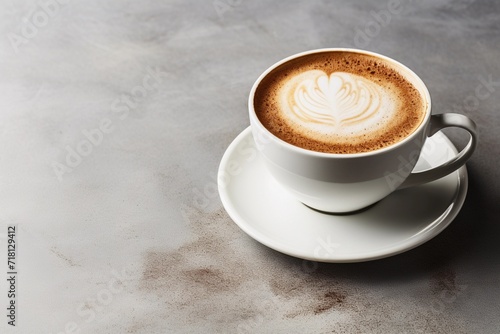 Cup of cappuccino on light gray background, copy space