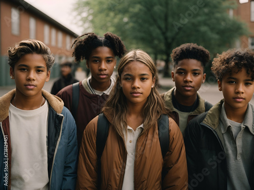 Ai generated photo of A group of young people teenagers of different races in the school yard. The scene shows togetherness and the happiness of diversity