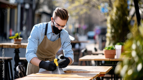 Waiter wearing a face mask and gloves is cleaning and disinfecting a table at an outdoor cafe photo