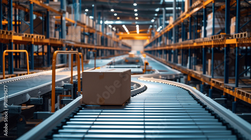 An innovative conveyor belt system in a modern distribution center, logistics, dynamic and dramatic compositions, with copy space photo