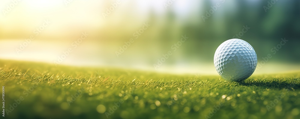 White golf ball in the photo on a wide green grass with sunlight from above. generative AI White golf ball in the photo on a wide green grass with sunlight from above. generative AI
