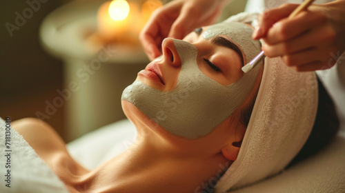 Relaxed woman receiving a facial treatment with a mask being applied to her face by a spa therapist in a serene spa environment.